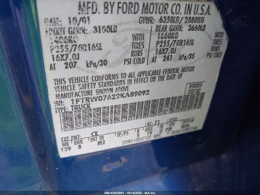 2002 Ford F-150 Lariat/Xlt VIN: 1FTRW07622KA89092 Lot: 43423503