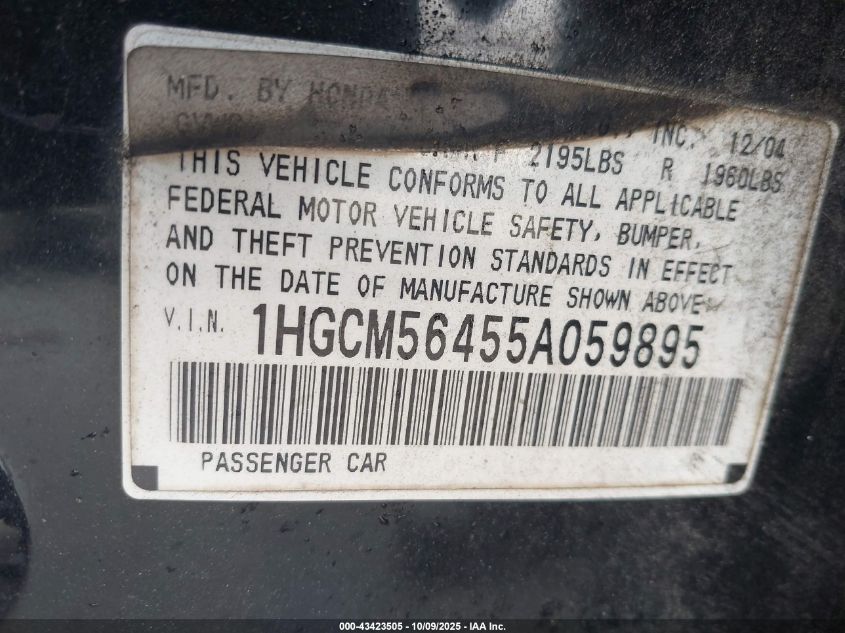 2005 Honda Accord 2.4 Lx VIN: 1HGCM56455A059895 Lot: 43423505