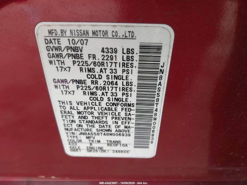 2008 Nissan Rogue Sl VIN: JN8AS58T48W006939 Lot: 43423507
