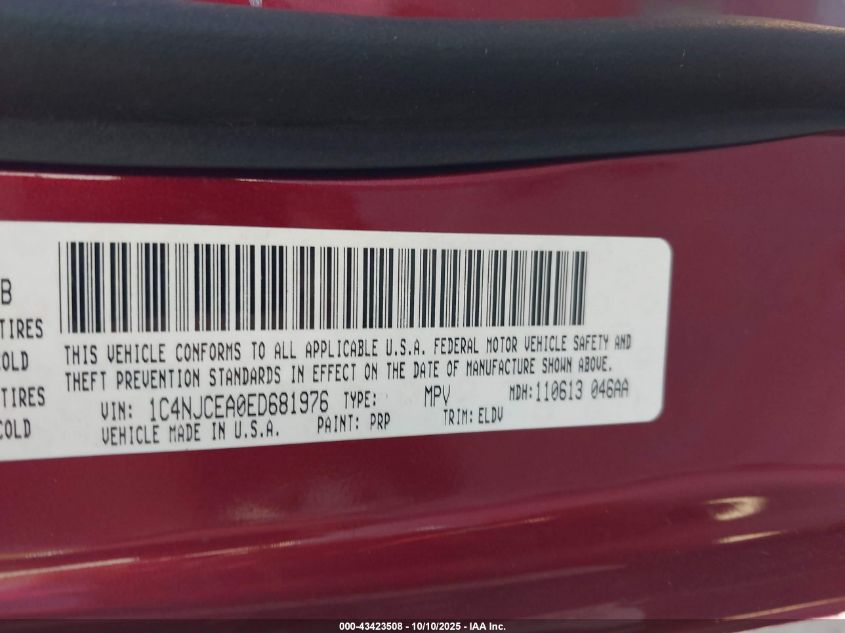 2014 Jeep Compass High Altitude VIN: 1C4NJCEA0ED681976 Lot: 43423508