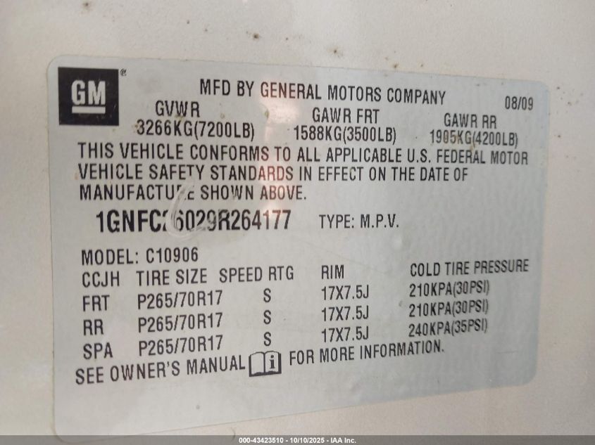 2009 Chevrolet Suburban 1500 Lt2 VIN: 1GNFC26029R264177 Lot: 43423510