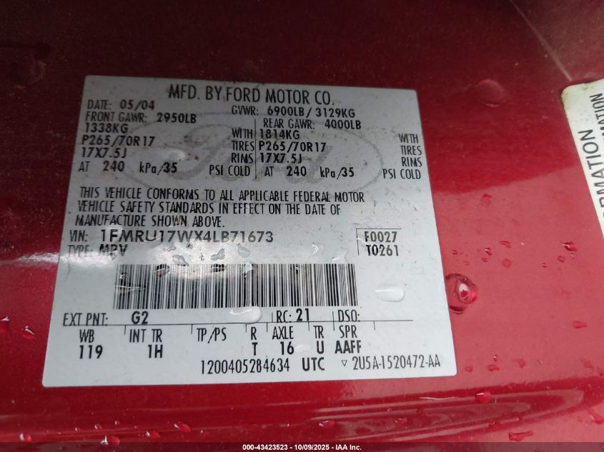 2004 Ford Expedition Eddie Bauer VIN: 1FMRU17WX4LB71673 Lot: 43423523