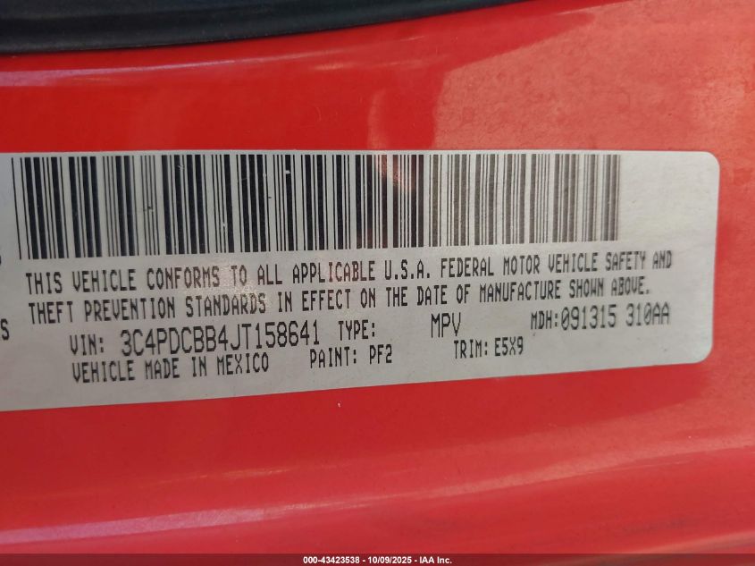 2018 Dodge Journey Sxt VIN: 3C4PDCBB4JT158641 Lot: 43423538