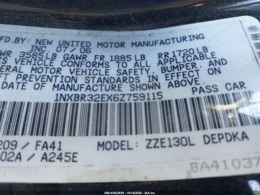 2006 Toyota Corolla Ce VIN: 1NXBR32EX6Z759115 Lot: 43423539