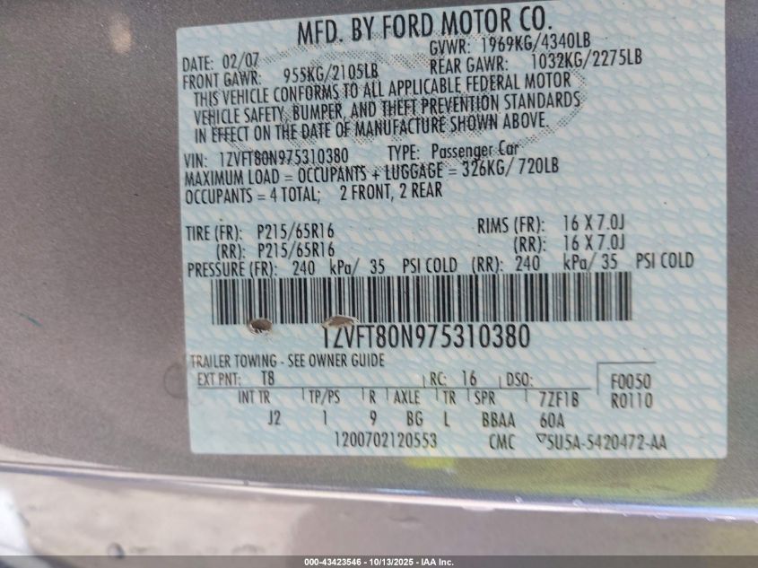 2007 Ford Mustang V6 Deluxe/V6 Premium VIN: 1ZVFT80N975310380 Lot: 43423546