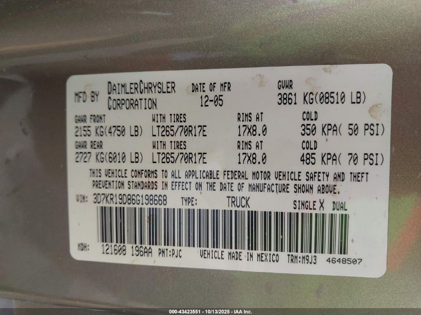 2006 Dodge Ram 1500 Slt VIN: 3D7KR19D86G198668 Lot: 43423551