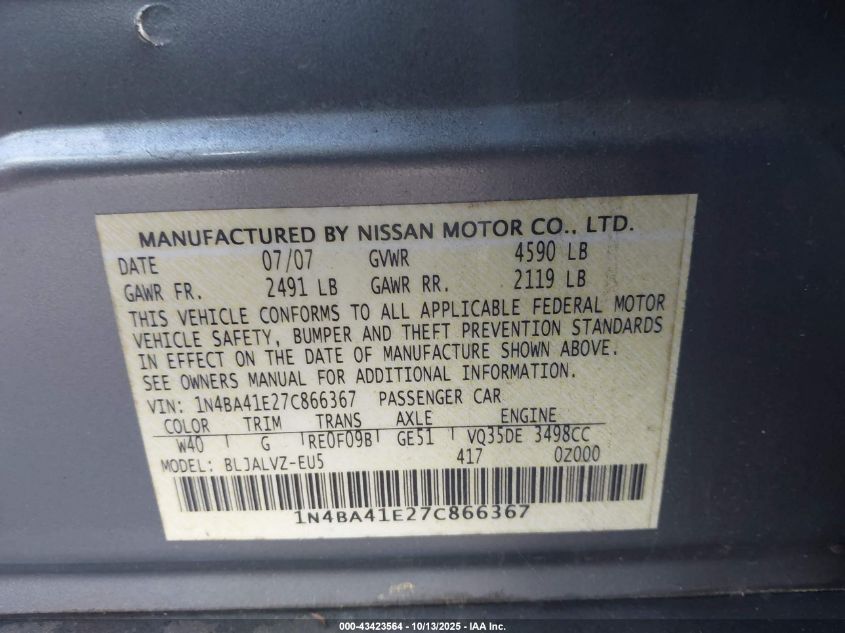2007 Nissan Maxima 3.5 Se VIN: 1N4BA41E27C866367 Lot: 43423564