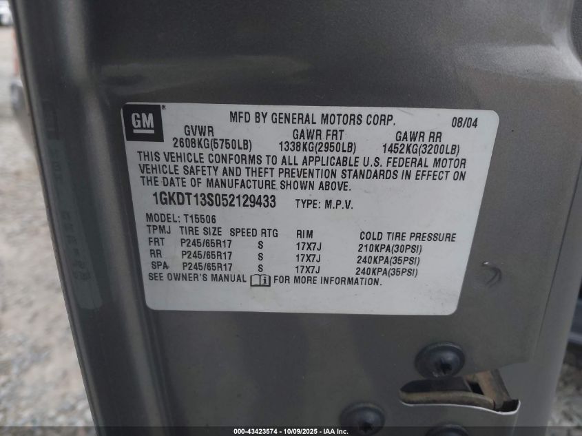 2005 GMC Envoy Sle VIN: 1GKDT13S052129433 Lot: 43423574