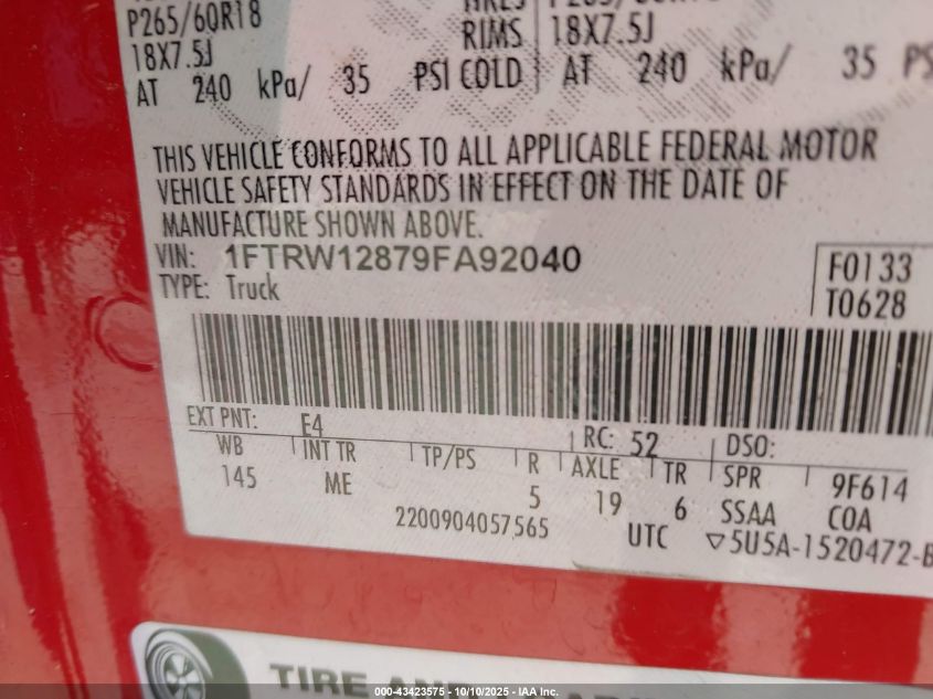 2009 Ford F-150 Xl/Xlt VIN: 1FTRW12879FA92040 Lot: 43423575