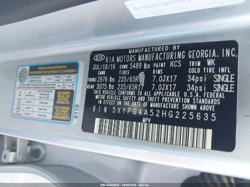 2017 Kia Sorento 3.3L Lx VIN: 5XYPG4A52HG225635 Lot: 43423576