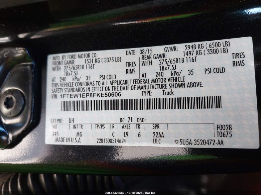 2015 Ford F-150 Xlt VIN: 1FTEW1EP8FKE50606 Lot: 43423580