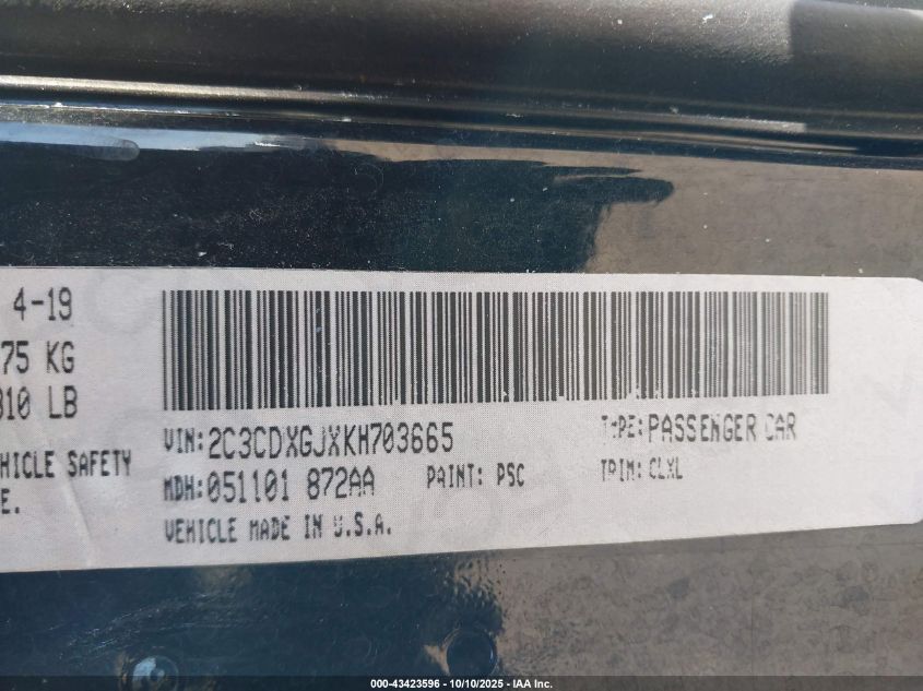 2019 Dodge Charger Scat Pack Rwd VIN: 2C3CDXGJXKH703665 Lot: 43423596