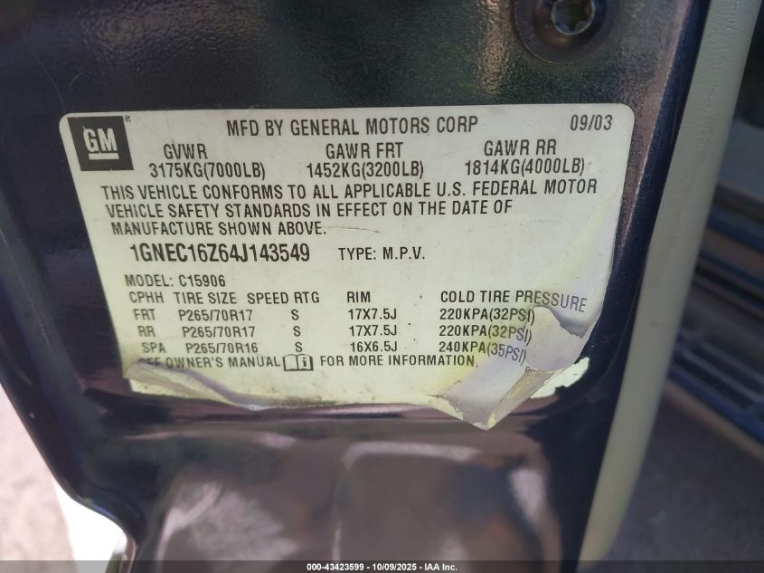 2004 Chevrolet Suburban 1500 Lt VIN: 1GNEC16Z64J143549 Lot: 43423599