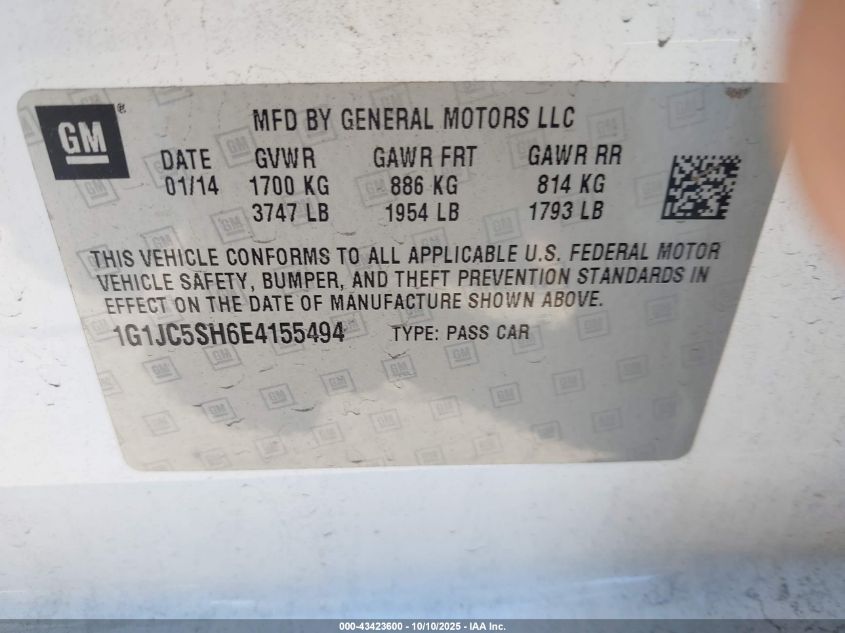 2014 Chevrolet Sonic Lt Auto VIN: 1G1JC5SH6E4155494 Lot: 43423600