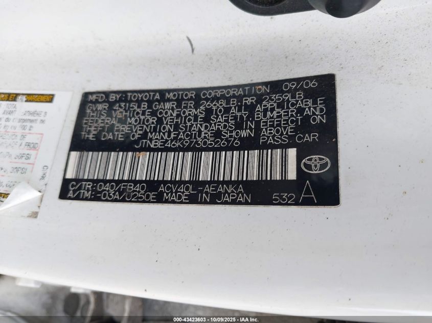 2007 Toyota Camry Ce VIN: JTNBE46K973052676 Lot: 43423603