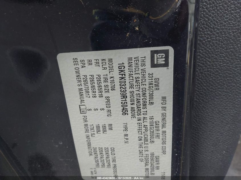 2009 GMC Yukon Denali VIN: 1GKFK03239R150456 Lot: 43423608