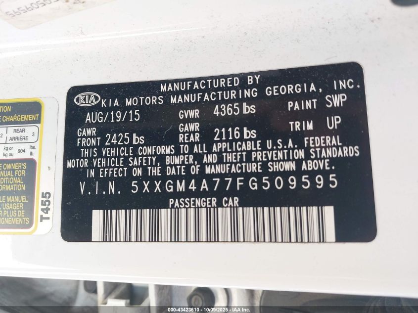 2015 Kia Optima Lx VIN: 5XXGM4A77FG509595 Lot: 43423610