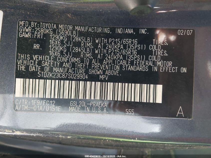 2007 Toyota Sienna Le VIN: 5TDZK23C87S029904 Lot: 43423618