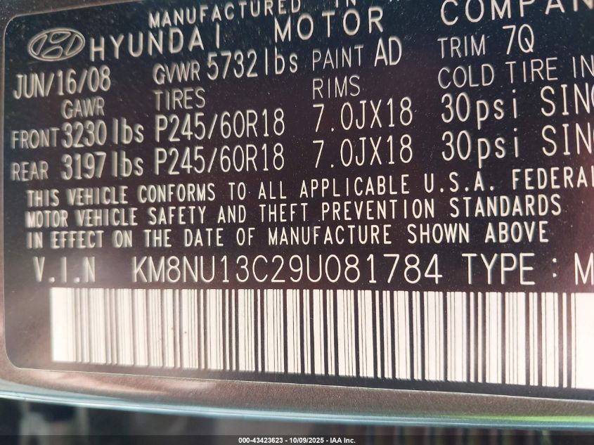 2009 Hyundai Veracruz Limited VIN: KM8NU13C29U081784 Lot: 43423623