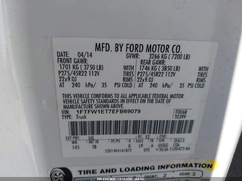 2014 Ford F-150 Limited VIN: 1FTFW1ET7EFB69079 Lot: 43423630