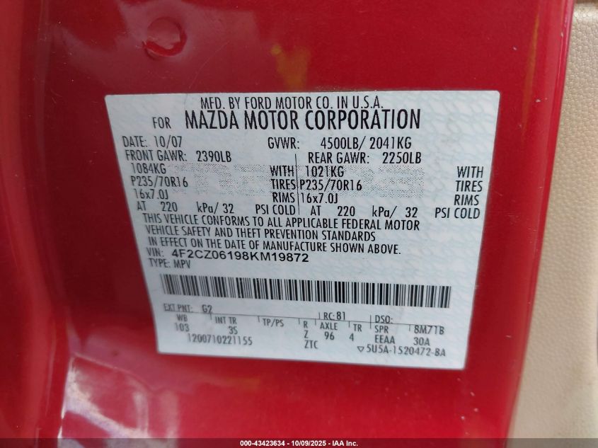 2008 Mazda Tribute S Sport VIN: 4F2CZ06198KM19872 Lot: 43423634