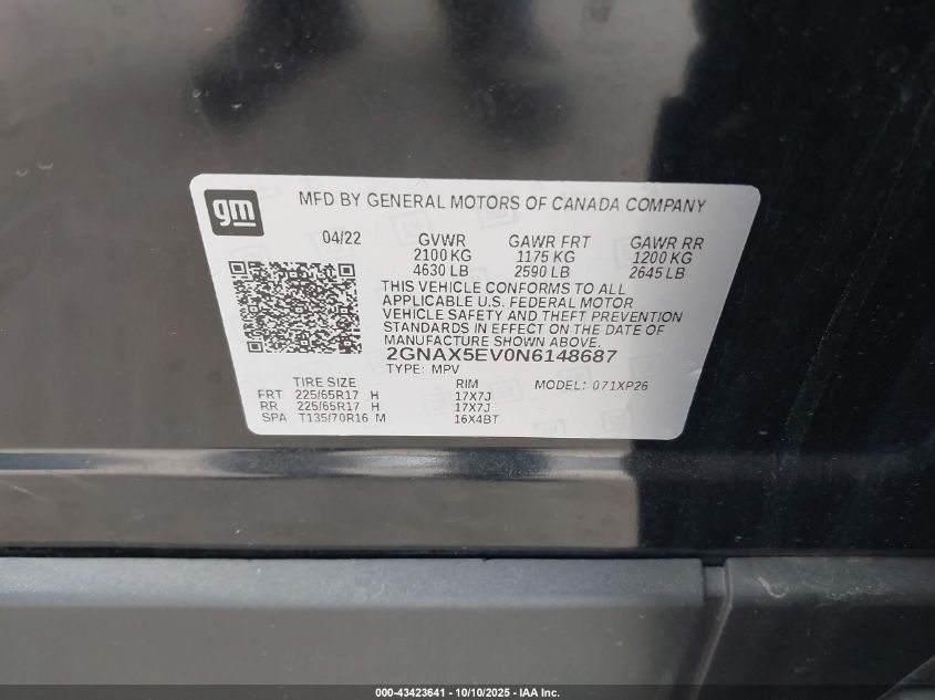 2022 Chevrolet Equinox Awd 1Fl VIN: 2GNAX5EV0N6148687 Lot: 43423641