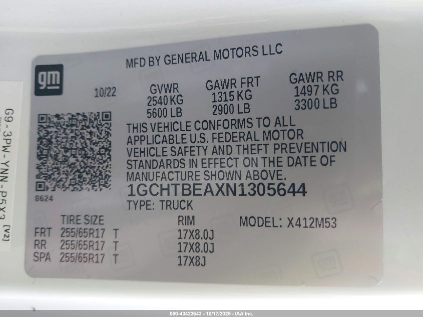 2022 Chevrolet Colorado 4Wd Long Box Wt VIN: 1GCHTBEAXN1305644 Lot: 43423643