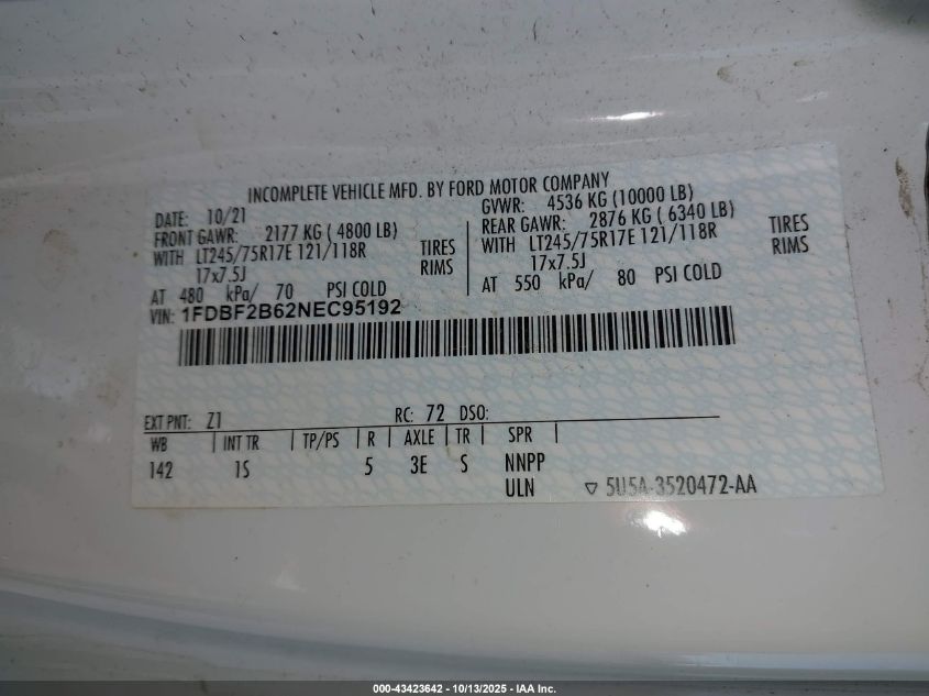 2022 Ford F-250 Xl VIN: 1FDBF2B62NEC95192 Lot: 43423642