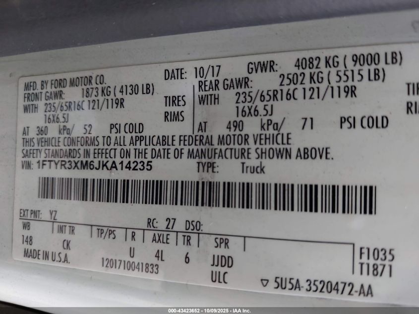 2018 Ford Transit-250 VIN: 1FTYR3XM6JKA14235 Lot: 43423652