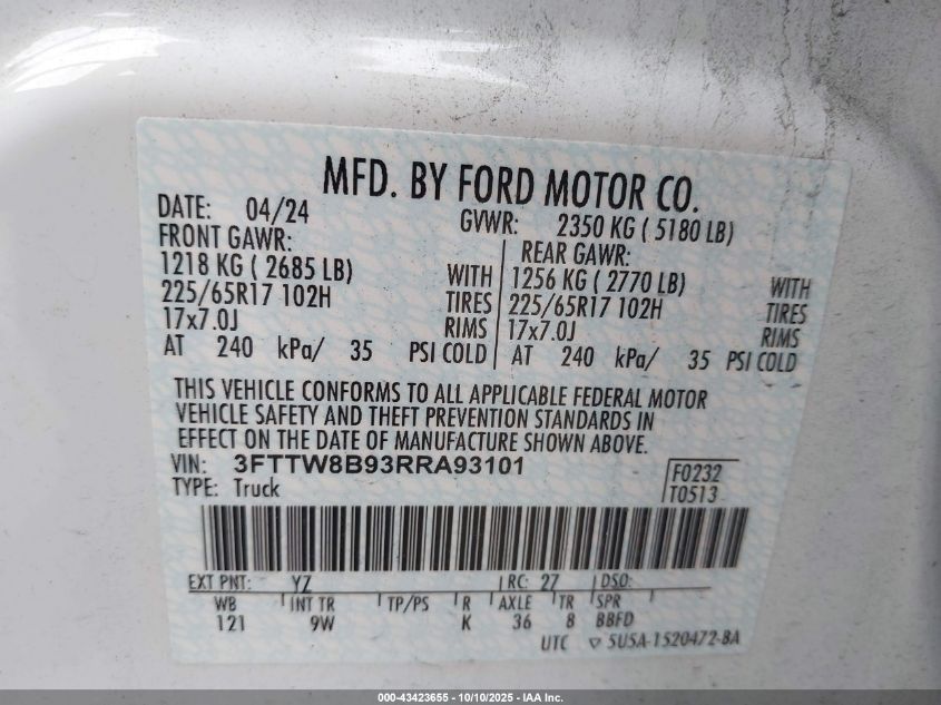 2024 Ford Maverick Xl VIN: 3FTTW8B93RRA93101 Lot: 43423655