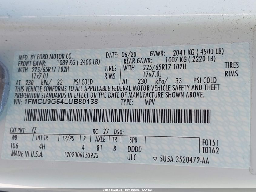 2020 Ford Escape Se VIN: 1FMCU9G64LUB80138 Lot: 43423658