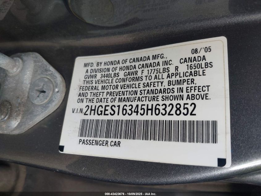 2005 Honda Civic Vp VIN: 2HGES16345H632852 Lot: 43423676