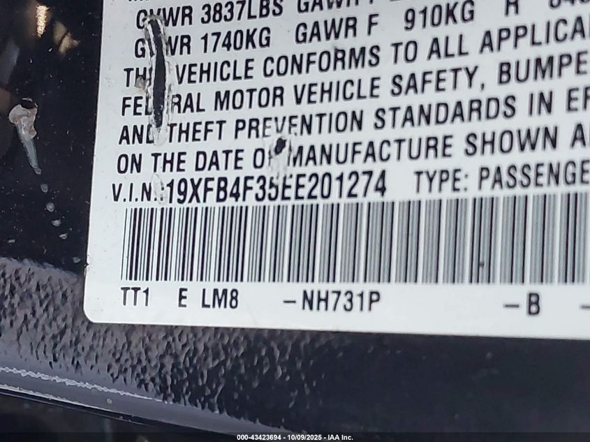 2014 Honda Civic Hybrid VIN: 19XFB4F35EE201274 Lot: 43423694