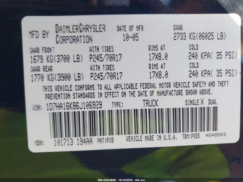 2006 Dodge Ram 1500 St VIN: 1D7HA16K86J106929 Lot: 43423696