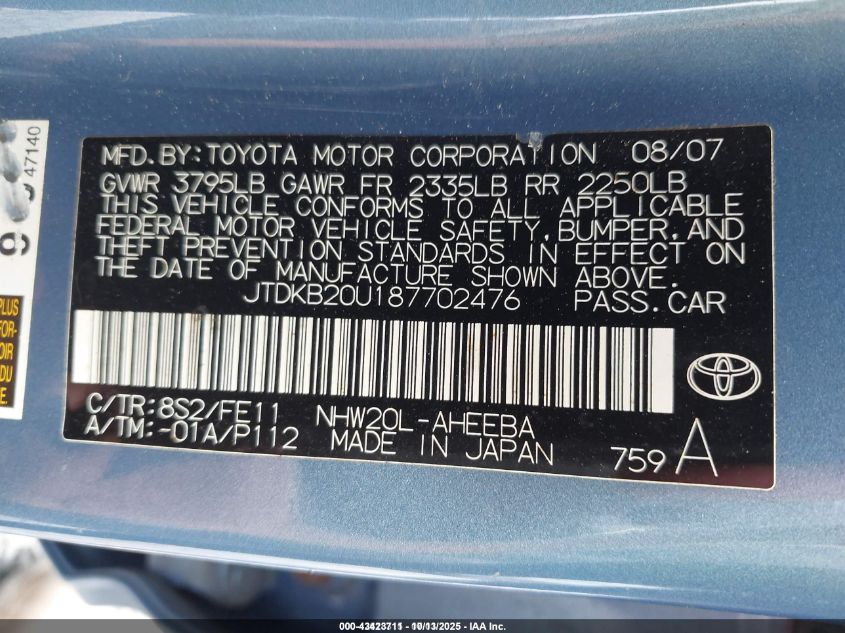 2008 Toyota Prius Touring VIN: JTDKB20U187702476 Lot: 43423711