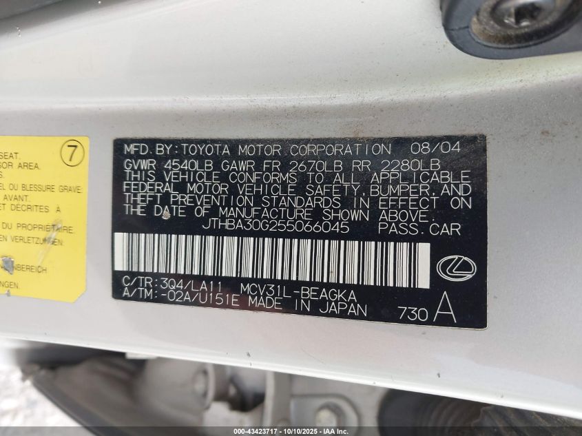 2005 Lexus Es 330 VIN: JTHBA30G255066045 Lot: 43423717