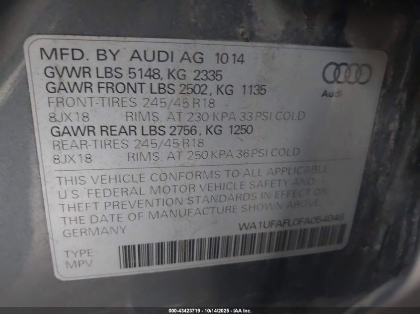 2015 Audi Allroad 2.0T Premium VIN: WA1UFAFL0FA054046 Lot: 43423719