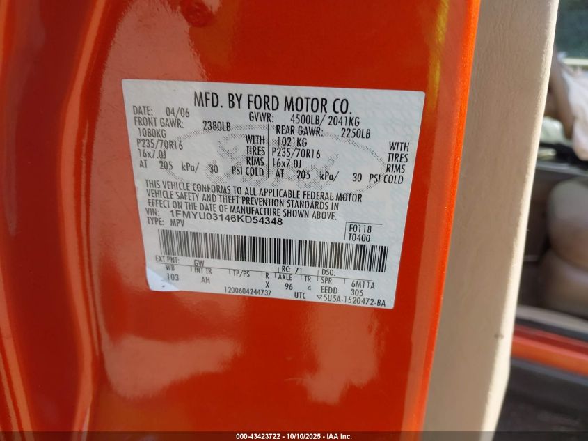 2006 Ford Escape Xlt/Xlt Sport VIN: 1FMYU03146KD54348 Lot: 43423722