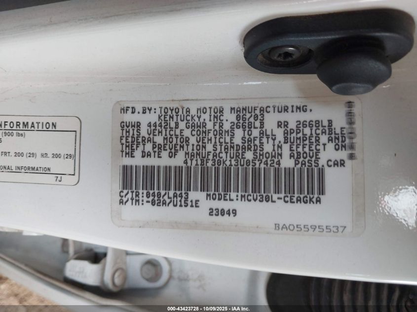 2003 Toyota Camry Xle V6 VIN: 4T1BF30K13U057424 Lot: 43423728