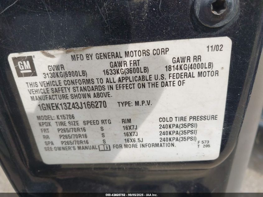 2003 Chevrolet Tahoe Lt VIN: 1GNEK13Z43J166270 Lot: 43423752