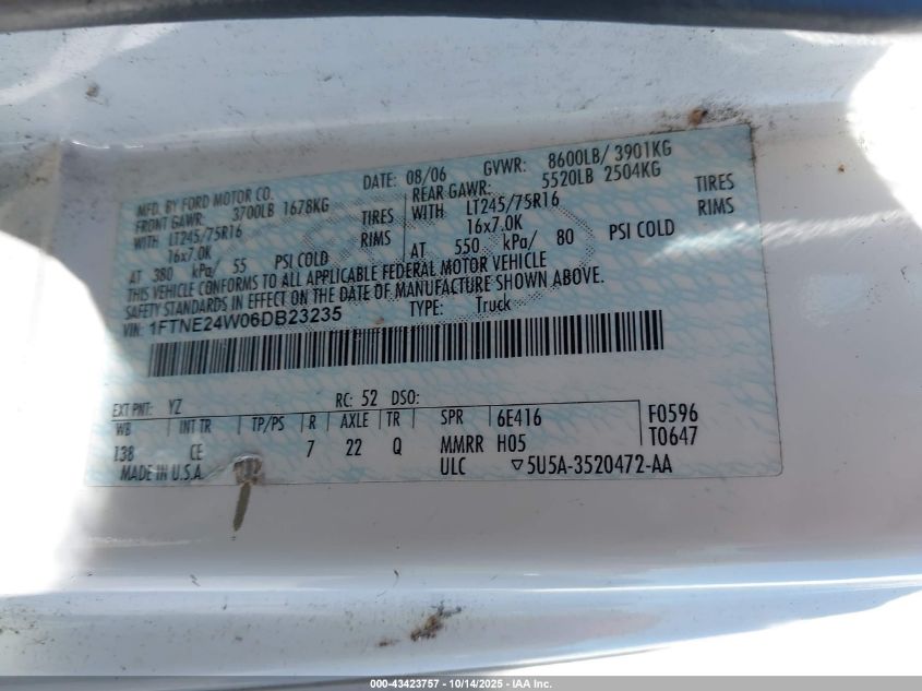 2006 Ford E-250 Commercial/Recreational VIN: 1FTNE24W06DB23235 Lot: 43423757