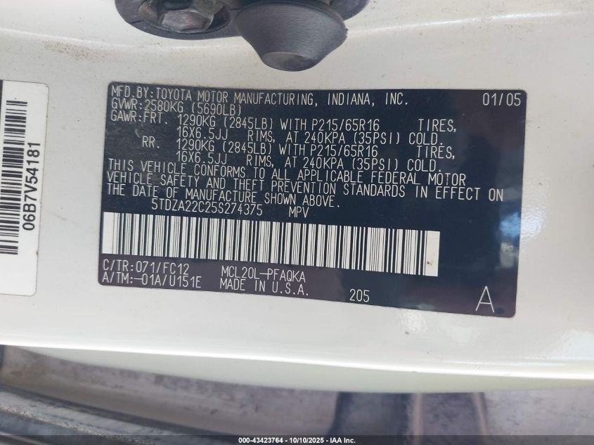 2005 Toyota Sienna Xle VIN: 5TDZA22C25S274375 Lot: 43423764