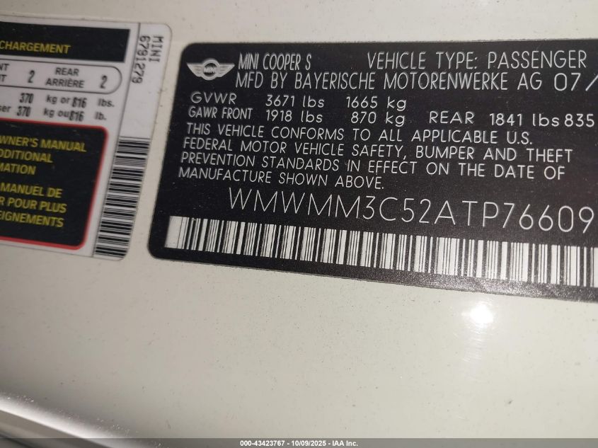 2010 Mini Cooper S Clubman VIN: WMWMM3C52ATP76609 Lot: 43423767