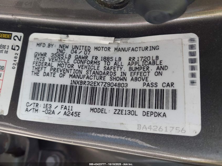 2007 Toyota Corolla Ce VIN: 1NXBR32EX7Z904803 Lot: 43423777