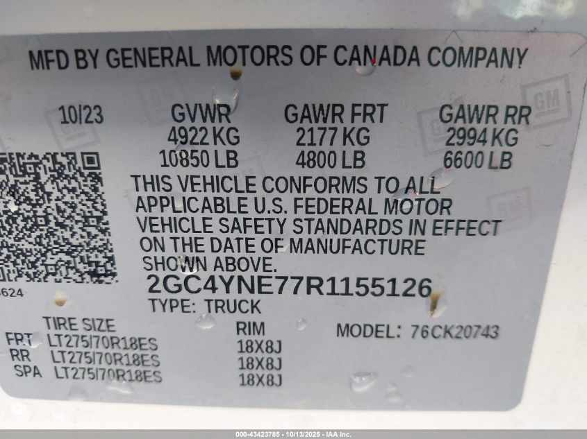 2024 Chevrolet Silverado 2500Hd 4Wd Standard Bed Lt VIN: 2GC4YNE77R1155126 Lot: 43423785