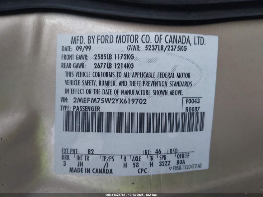 2000 Mercury Grand Marquis Ls VIN: 2MEFM75W2YX619702 Lot: 43423787