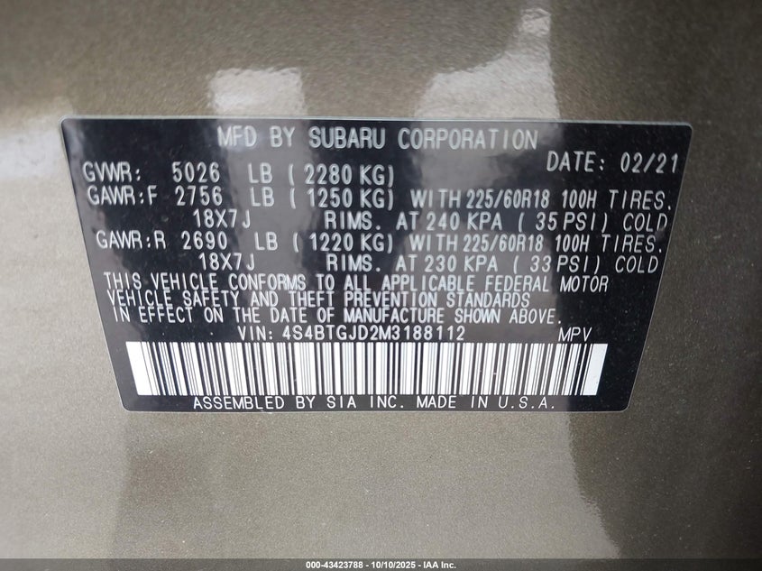 2021 Subaru Outback Onyx Edition Xt VIN: 4S4BTGJD2M3188112 Lot: 43423788