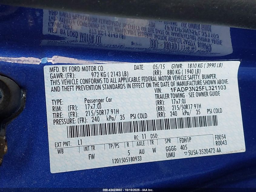 2015 Ford Focus Titanium VIN: 1FADP3N25FL321103 Lot: 43423802