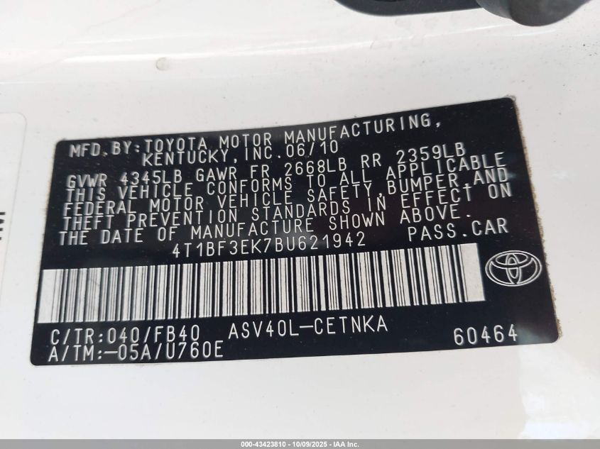 2011 Toyota Camry Le VIN: 4T1BF3EK7BU621942 Lot: 43423810