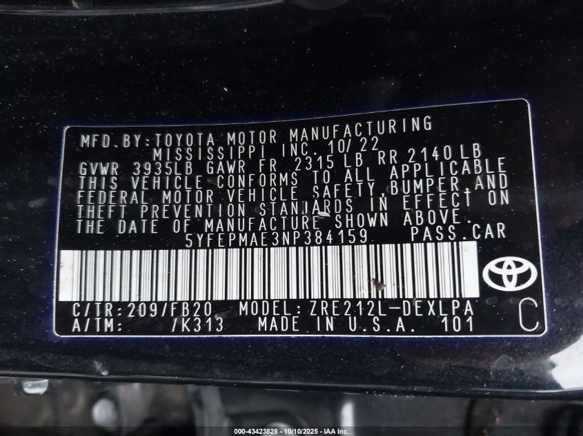 2022 Toyota Corolla Le VIN: 5YFEPMAE3NP384159 Lot: 43423828